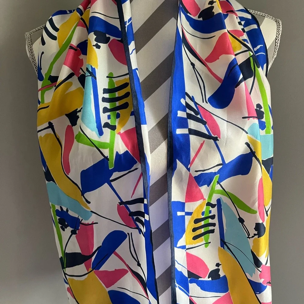 Colorful Abstract Vintage Silk Print Scarf - 52” l x 11” w - Picture 2 of 8